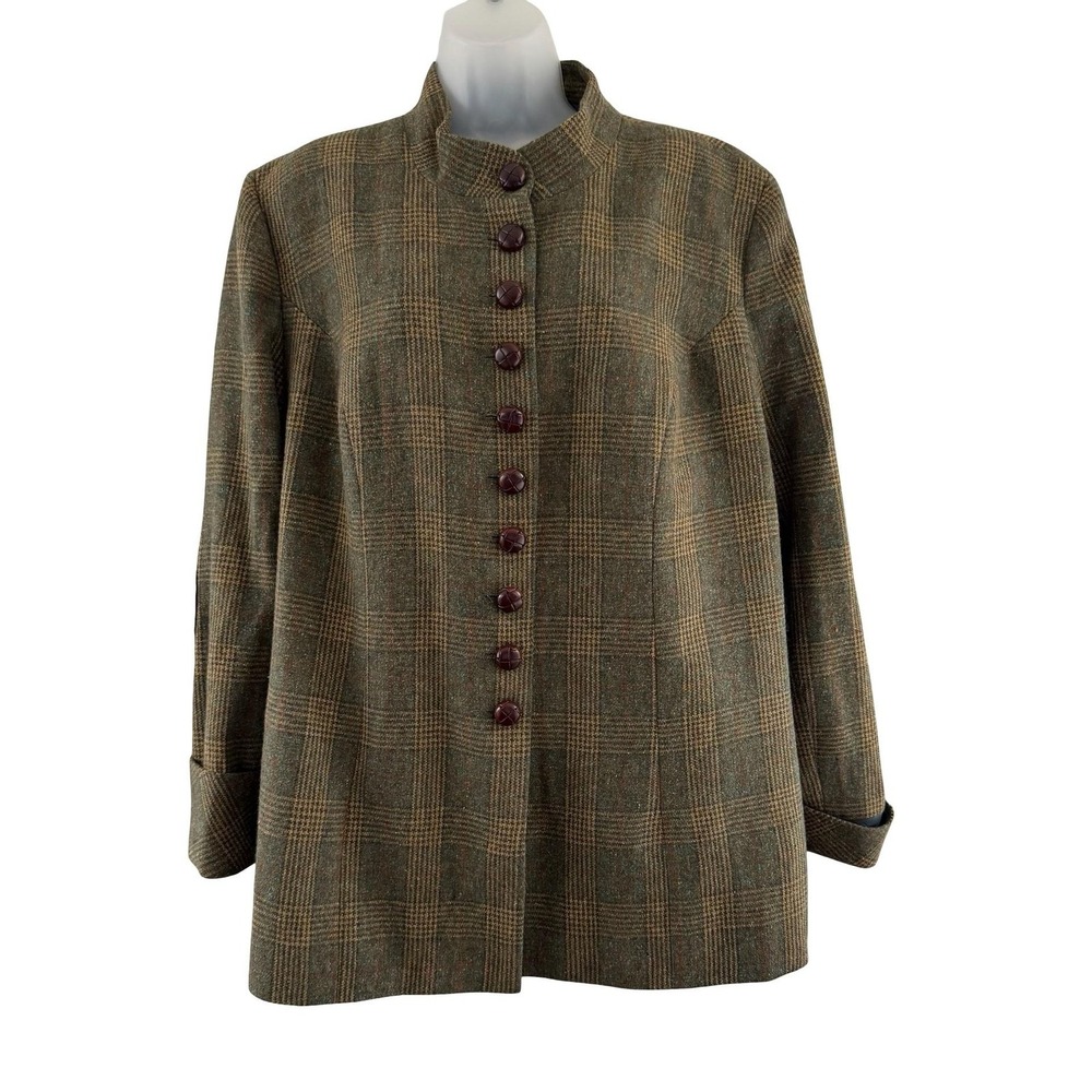 Soft Surroundings Green Plaid Wool Blend Button-Front Jacket with Brown Accents